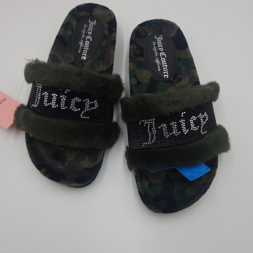 Juicy Couture Slide Slippers Faux Fur JC Siren Green Camo Size 8 - Picture 3 of 9
